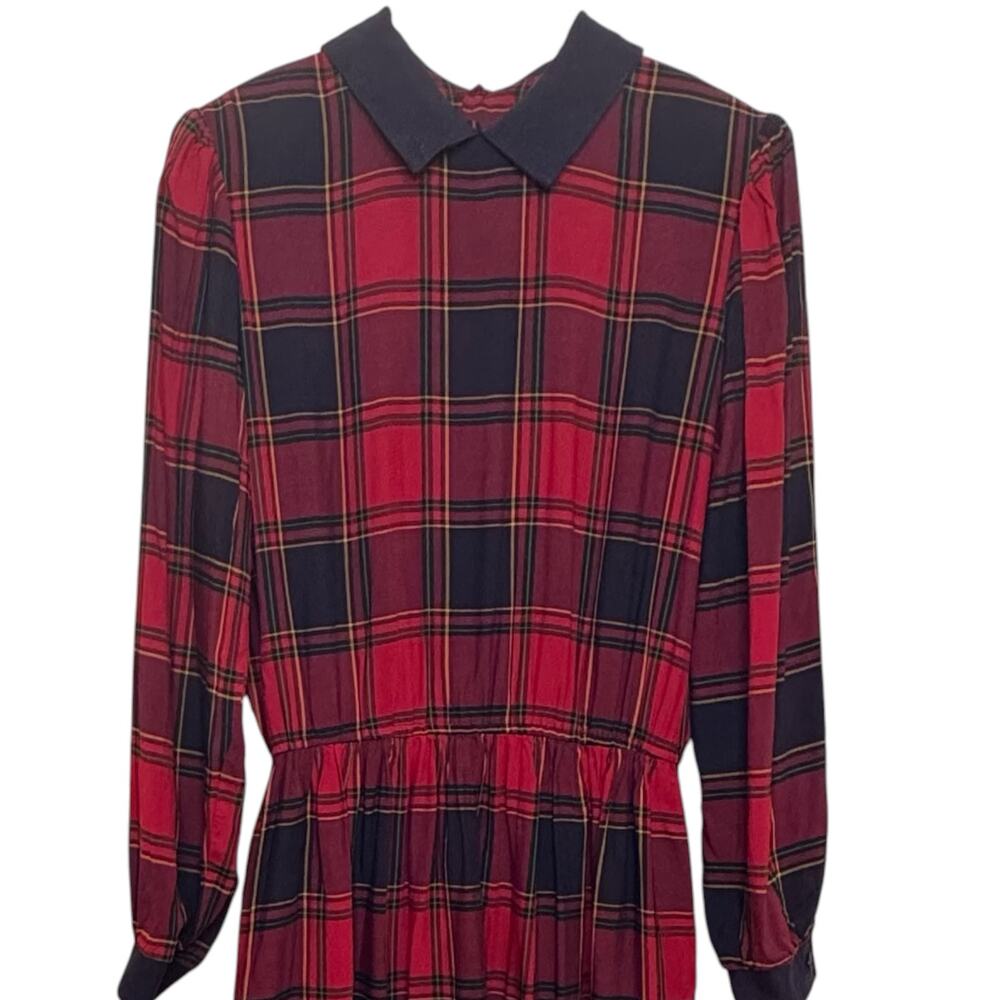 Vtg Lanz Originals Red Tartan Plaid Collared Back Buttons Rayon Size 12 USA Made - Picture 2 of 9